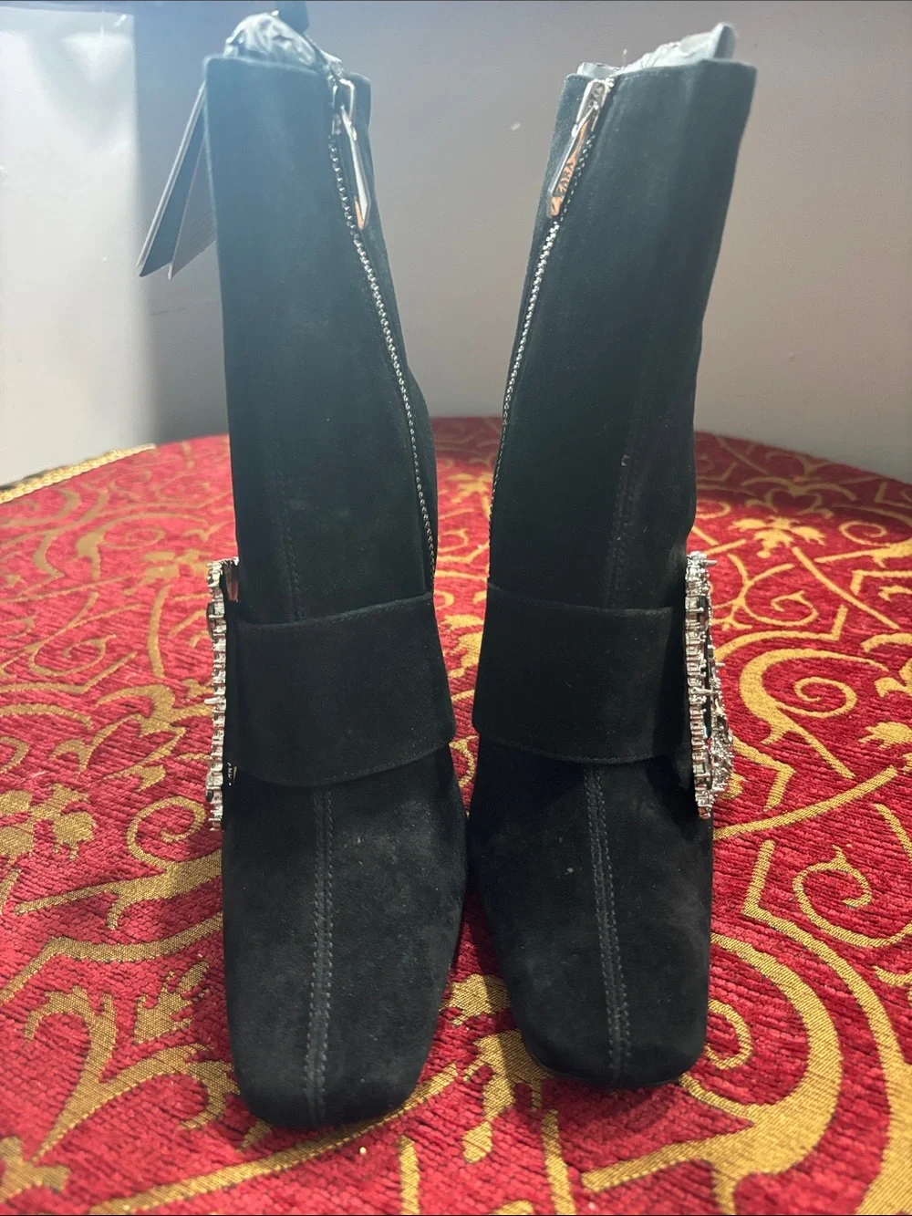Zara Black Suede Ankle Boots with Crystal Buckle